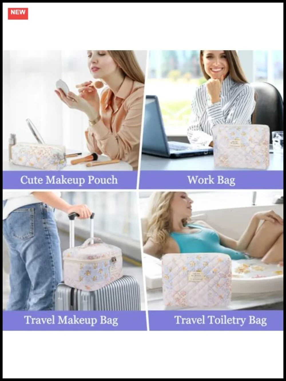 Quilted Cotton Floral Makeup Bag Set, 3 Sizes, Travel Toiletry Organizer,